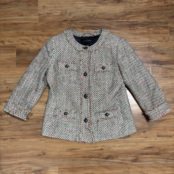 Talbots Pink and Green Tweed Blazer Jacket Herringbone Raw Edge Size‎ 6 Preppy - Picture 1 of 6